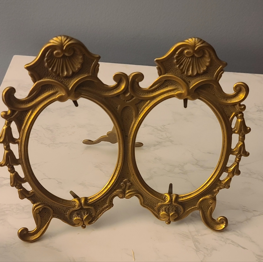 Antique Victorian Cast Bronze Double Photo Frame with Tripod